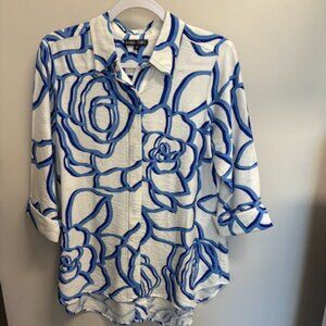 BOHO CHIC Button Front Blue and White Tunic Blouse Size Small